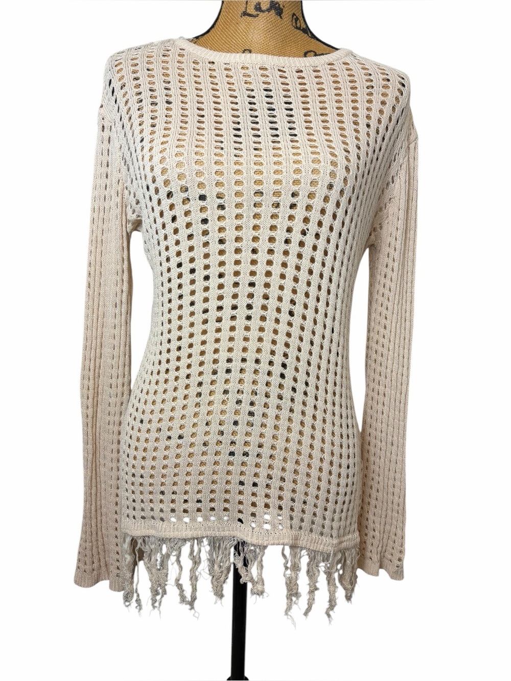 Open Knit Crochet Fringe Beach Cover Up Sweater Boho Resort Coastal Cream - Picture 2 of 5